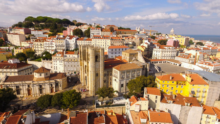 Aerial view of historical part of Lisbon and Lisbon Cathedral at sunny day Portugalの写真素材