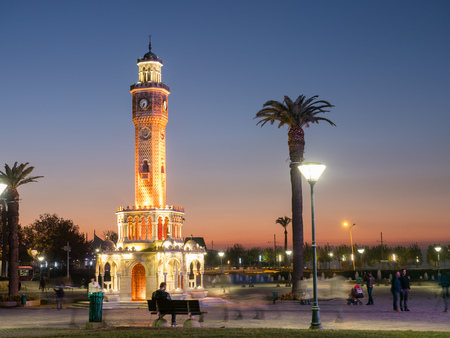Night place with clocktower and palms in Izmir.の写真素材