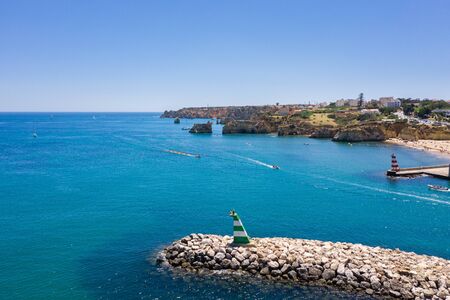 Panorama of Lagos marina, Algarve, Portugal, aerial drone wide viewの写真素材