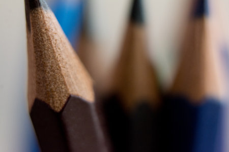 Close-up of a group of colored pencils in a rowの写真素材