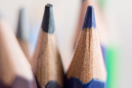close up of color pencils on white background, shallow depth of fieldの写真素材