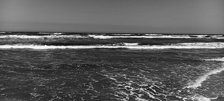 Black and white panoramic view of the coast.の写真素材
