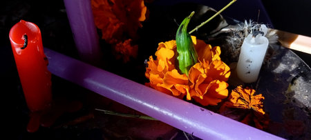 Candles and flowers. Selective focus.の写真素材