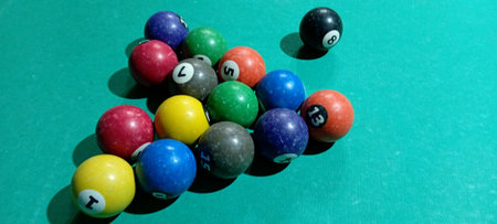 Billiard balls on green table, billiard balls in the poolの写真素材