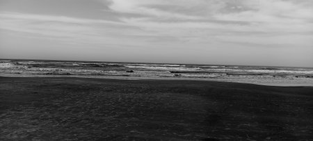 Black and white panoramic view of the sandy beach on the Atlantic ocean coast.の写真素材