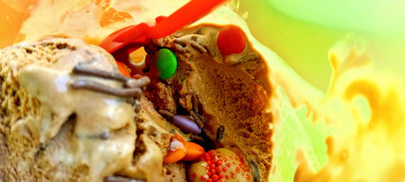 Close up of chocolate cake with candy and jelly worms on topの写真素材