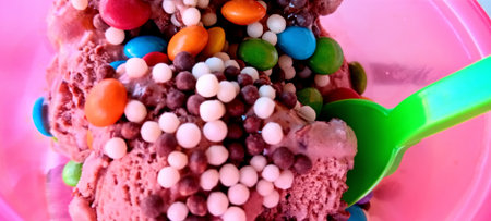 Close up of ice cream with colorful candies and sprinkles.の写真素材