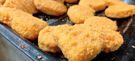 Fried chicken nuggets on a baking sheet, close-upの写真素材