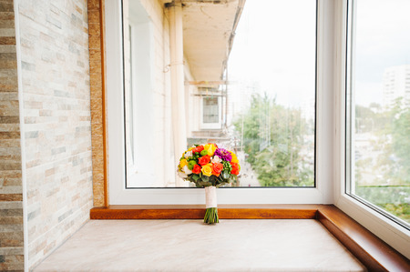 Wedding flowers, bridal bouquet closeup. Decoration made of decorative flowers, close-up, selective focus, nobody, objectsの写真素材