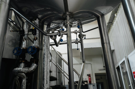 Modern brewery and equipment machinery tools for alcohol production. Steel vats or tanks and...