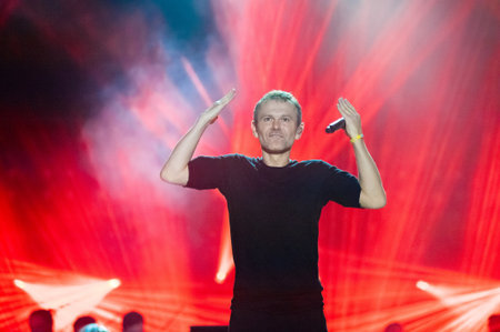 Kharkiv, Ukraine - May 21, 2019: Svyatoslav Vakarchuk with orchestraのeditorial素材