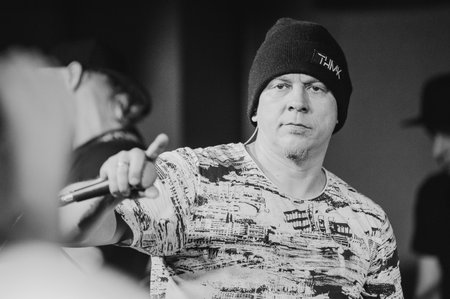 KHARKIV, UKRAINE - APRIL 11, 2019: Fozzy, singer of rap group TNMKのeditorial素材