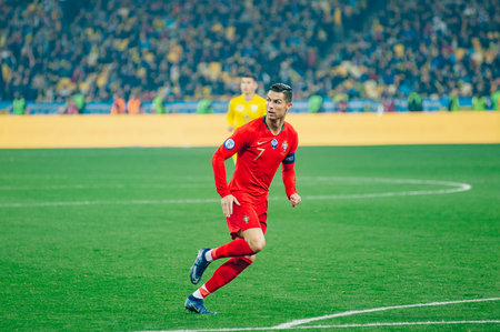 Kyiv, Ukraine - October 14, 2019: Cristiano Ronaldo, captain and forward of Portugal national team during the match of the qualifying 2020 vs Ukraine at the Stadiumのeditorial素材