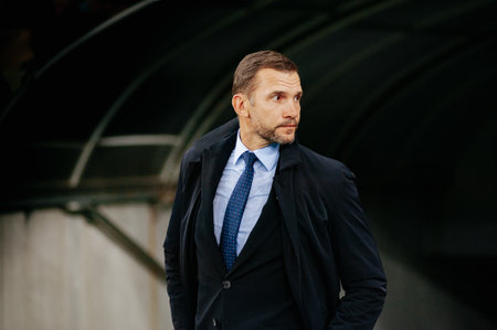 Kyiv, Ukraine - October 14, 2019: Andriy Shevchenko, head coach (manager) of Ukraine national football team before match of the qualifying EURO  vs Portugal at the  Stadiumのeditorial素材