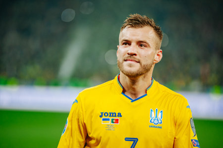 Kyiv, Ukraine - October 14, 2019: Andrey Yarmolenko won of the match of qualify round Euro  Ukraine vs Portugal at the  Stadiumのeditorial素材