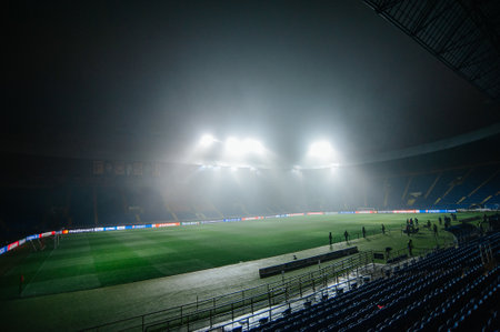 Kharkiv, Ukraine - December 10, 2019: Metallist Arena before the match UEFA league champions Atalanta - Shakhtar. Low key photoのeditorial素材