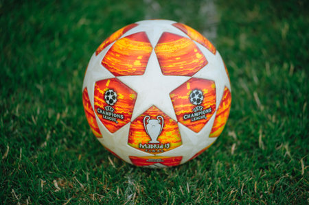 KHARKIV, UKRAINE - JULY 6, 2020: Adidas ball of UEFA Final in Madrid 2019. Football match of Ukraine...