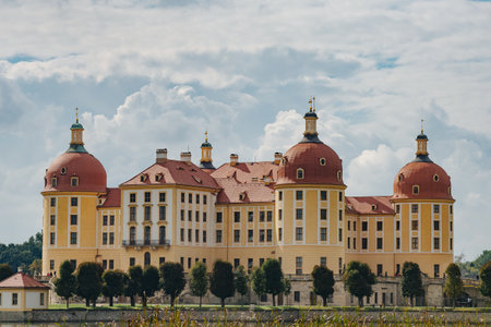 Moritzburg, Germany - September 20, 2016: Sunset at Lighthouse of majestic baroque palace castle Moritzburg and Castle pond near Dresdenのeditorial素材