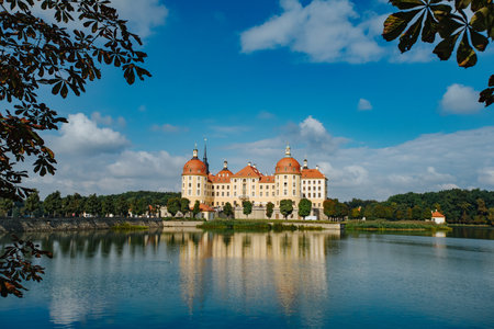 Moritzburg, Germany - September 20, 2016: Sunset at Lighthouse of majestic baroque palace castle Moritzburg and Castle pond near Dresdenのeditorial素材