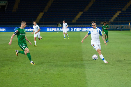 KHARKIV, UKRAINE - JULY 8, 2020: Professional Ukrainian football midfielder Mykola Shaparenko during...