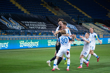 KHARKIV, UKRAINE - JULY 8, 2020: Dynamo Kyiv celebrating win in Ukraine Cup