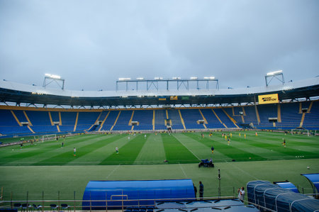 KHARKIV, UKRAINE - JULY 14, 2020: Metallist stadium. Football match of PFL Metallist-1925 - Avangardのeditorial素材