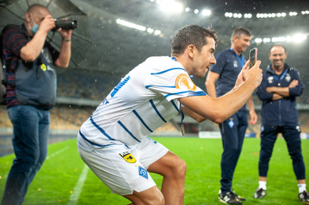 Kyiv, Ukraine - August 25, 2020: Carlos De Pena, defender of Dynamo Kyiv with trophy celebrating win in the match Ukrainian Super Cup Shakhtar - Dynamoのeditorial素材