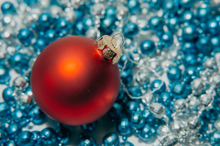 Red christmas ball. New Year and Christmas backgroundの写真素材