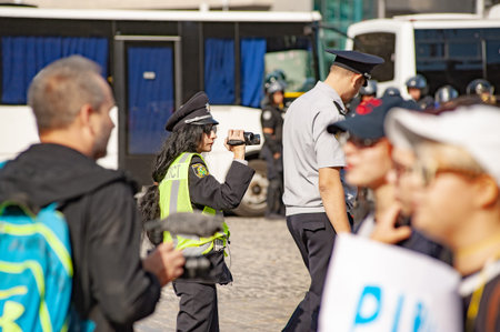 Kharkiv, Ukraine - September 15, 2019: Kharkiv Pride. Group of police officers security guarding...