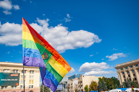 Kharkiv, Ukraine - September 15, 2019: Kharkiv Pride. LGBT flag, March of equality for the rights of gays, lesbians, transvestites. Gender non-binary people fight for rights.のeditorial素材
