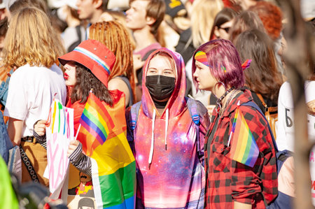 Kharkiv, Ukraine - September 15, 2019: Kharkiv Pride. LGBT parade, March of equality for the rights of gays, lesbians, transvestites. Gender non-binary people fight for rights.のeditorial素材