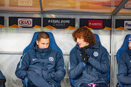 Kiyv, Ukraine - March 14, 2019: Eden Hazard and David Luiz joke during a Chelsea after training...