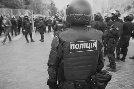 Kharkiv, Ukraine - September 15, 2019: Kharkiv Pride. Group of police officers security guarding...