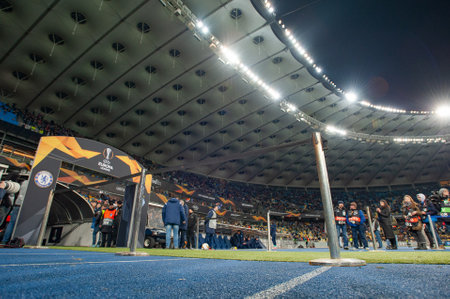 KYIV, UKRAINE - March 14, 2019: Panoramic view of NSC Olimpiyskyi stadium in Kyiv during League europa match Dynamo - Chelsea.のeditorial素材