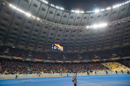 KYIV, UKRAINE - March 14, 2019: Panoramic view of NSC Olimpiyskyi stadium in Kyiv during League europa match Dynamo - Chelsea.のeditorial素材