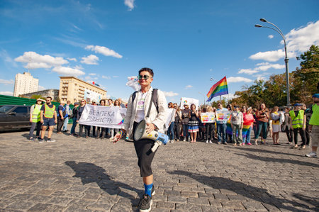 Kharkiv, Ukraine - September 15, 2019: Kharkiv Pride. LGBT parade, March of equality for the rights of gays, lesbians, transvestites. Gender non-binary people fight for rights.のeditorial素材