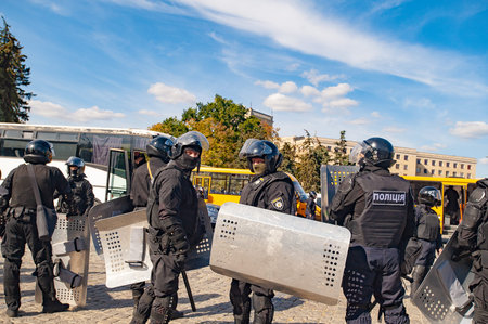 Kharkiv, Ukraine - September 15, 2019: Kharkiv Pride. Group of police officers security guarding...