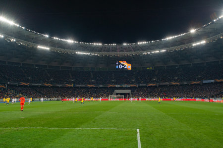 KYIV, UKRAINE - March 14, 2019: Panoramic view of NSC Olimpiyskyi stadium in Kyiv during League...