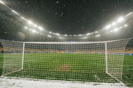 Kyiv, Ukraine - December 12, 2018: Football gate and field. Snowfall during the UEFA Champions League match between Shakhtar Donetsk vs Olympique Lyonのeditorial素材