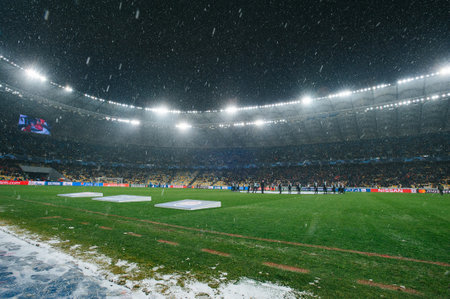 Kyiv, Ukraine - December 12, 2018: Snowfall during the UEFA Champions League match between Shakhtar Donetsk vs Olympique Lyonのeditorial素材