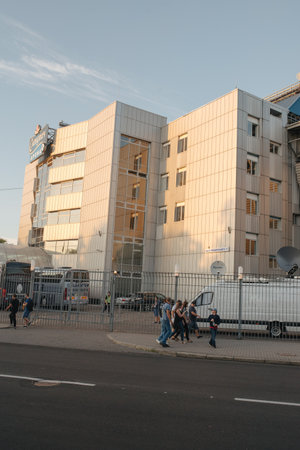 Zaporizhia, Ukraine - August 29, 2019: General view of the facade of stadium Slavutych Arena at the UEFA Europa League Zorya vs RCD Espanyolのeditorial素材