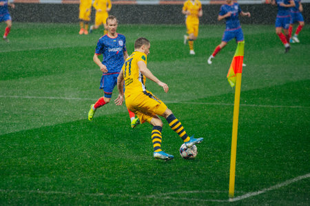 Kharkiv, Ukraine - October 5, 2019: Match of the Ukraine profesional league Metallist 1925 - Mykolaiv. Raining sport dayのeditorial素材