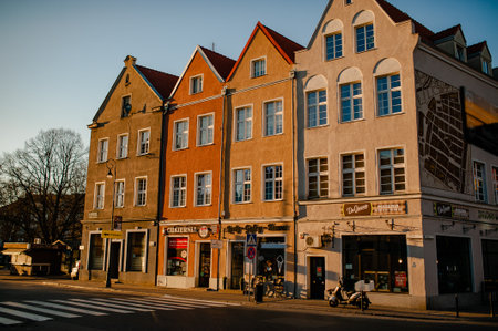 Gdansk, Poland - April 17, 2019: Old street, typical decorative medieval tenement houses in Gdanskのeditorial素材