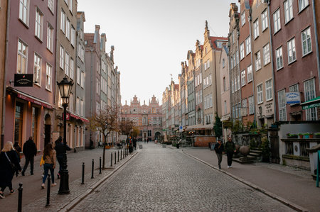 Gdansk, Poland - April 17, 2019: Old street, typical decorative medieval tenement houses in Gdansk