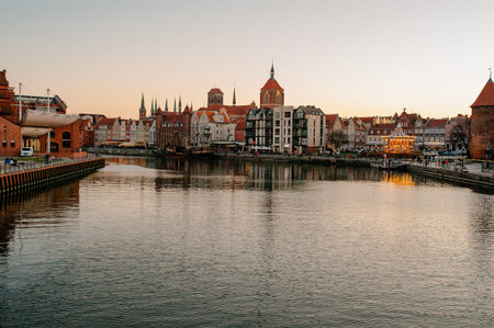 Gdansk, Poland - April 17, 2019: Colorful historic houses near Motlawa river