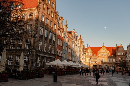 Gdansk, Poland - April 17, 2019: Old street, typical decorative medieval tenement houses in Gdansk