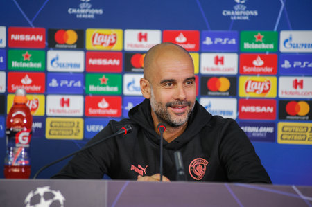 Kharkiv, Ukraine - September 18, 2019: Close-up emotional portrait of Manchester City head coach, manager Pep Guardiola during the press conference UEFA Champions League match. New emotionのeditorial素材