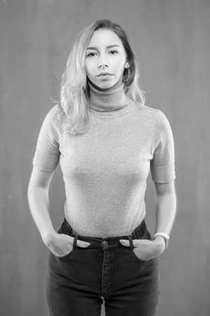 Close up emotional portrait of happy blonde woman. Monochrome, black and whiteの写真素材