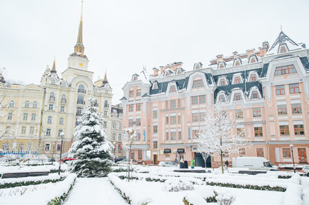 Kyiv, Ukraine - December 13, 2018: Old modern historic upscale town colorful street buildings of Kiev city in Podil, the luxury neighborhood of Vozdvyzhenka imulticolored housesのeditorial素材