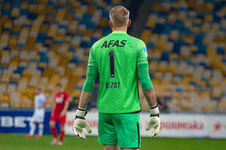 KYIV, UKRAINE - SEPTEMBER 15, 2020: Marco Bizot goalkeeper of AZ Alkmaar during the match UEFA